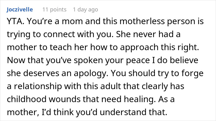 Comment discussing a daughter-in-law seeking a relationship with mother-in-law despite past tensions and childhood wounds.