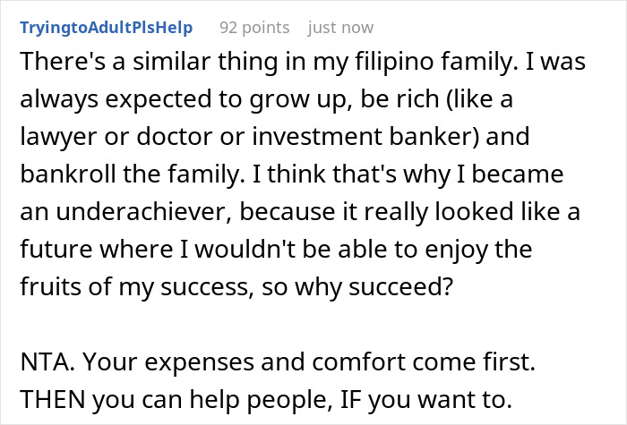Comment from user explaining pressure to support family financially and prioritizing personal expenses first.