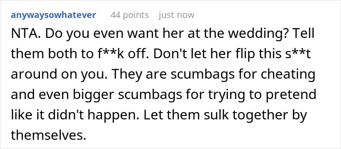 Comment discussing mom marrying affair partner and daughter refusing to let him walk her down the aisle after dad passes.