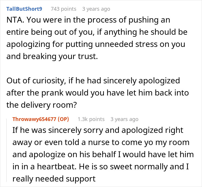 Reddit conversation discussing a man furious after wife removes him from delivery room over inappropriate prank.