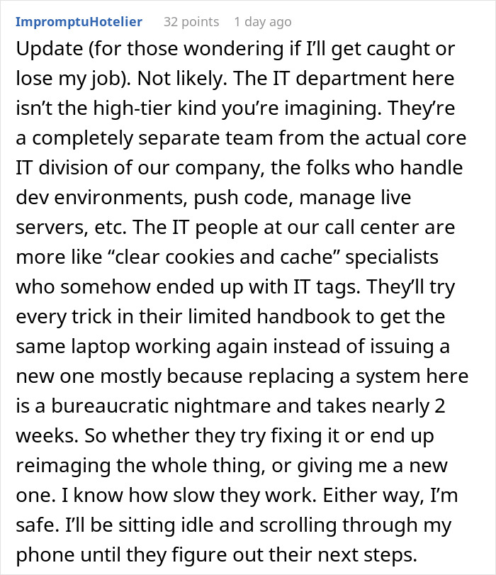Text post on a forum detailing employee sabotage of work laptop after coworkers get special treatment daily. Text post on a forum detailing employee sabotage of work laptop after coworkers get special treatment daily.