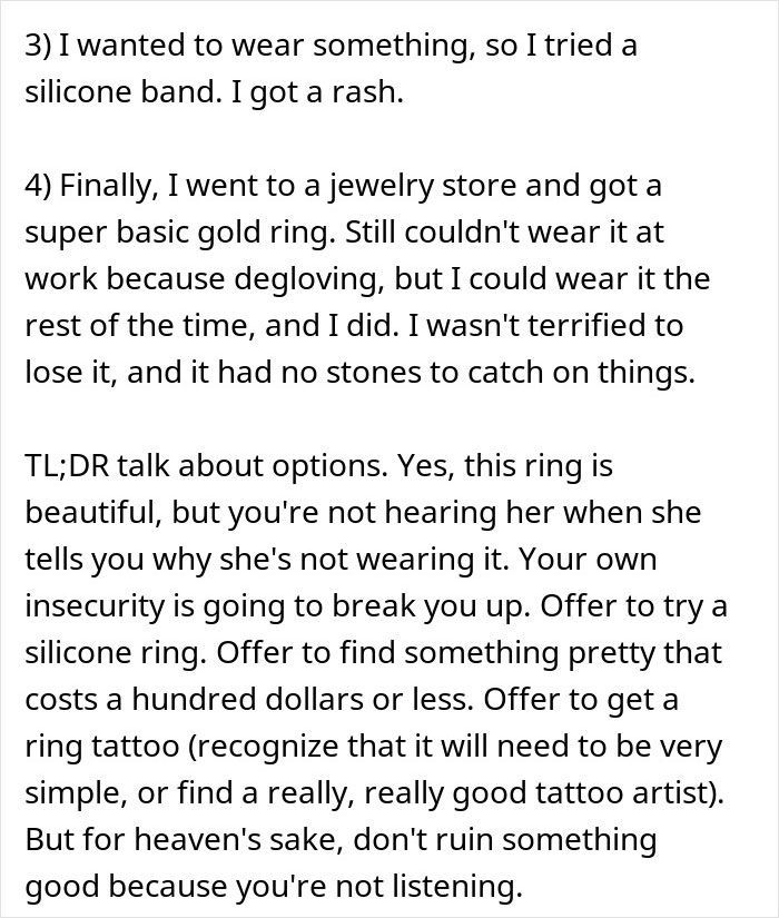 Text excerpt discussing a woman refusing to wear an engagement ring and suggesting alternative ring options. Text excerpt discussing a woman refusing to wear an engagement ring and suggesting alternative ring options.