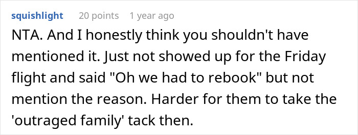 Screenshot of an online comment discussing rebooking a flight to avoid babysitting a niece in a family conflict. Screenshot of an online comment discussing rebooking a flight to avoid babysitting a niece in a family conflict.