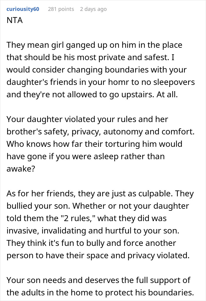 Comment text discussing enforcing basic boundaries during daughter's sleepover to protect privacy and safety. Comment text discussing enforcing basic boundaries during daughter's sleepover to protect privacy and safety.