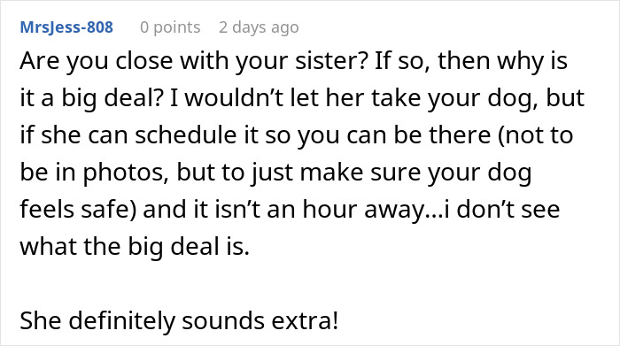 Comment discussing refusing to lend dog to sister for her aesthetic maternity shoot, emphasizing safety and boundaries. Comment discussing refusing to lend dog to sister for her aesthetic maternity shoot, emphasizing safety and boundaries.