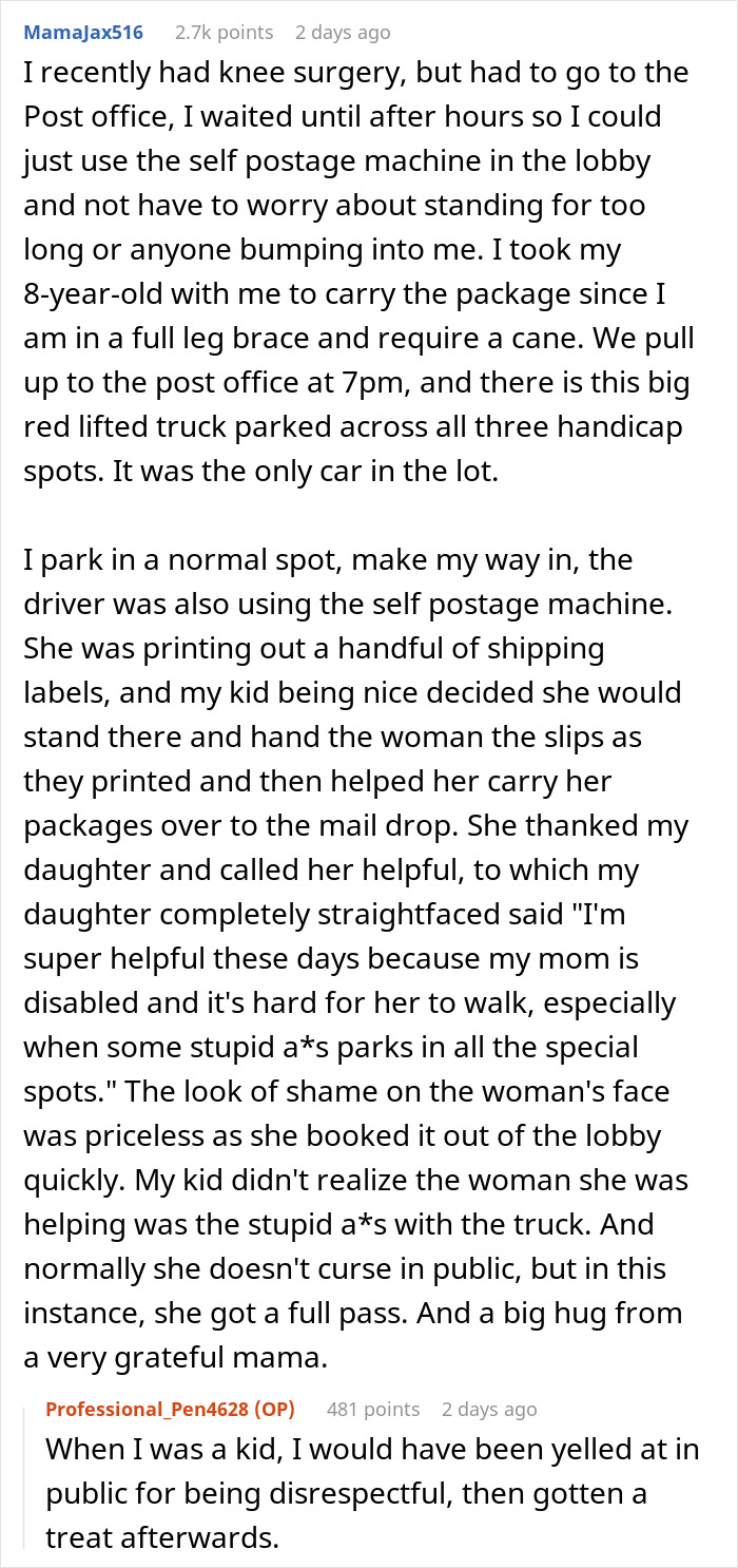 Red lifted truck parked across three handicap spots at post office, causing frustration for disabled mother and her child.