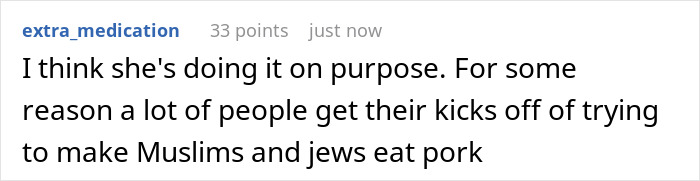 Text conversation about people trying to make Muslims and Jews eat pork, highlighting bacon in food and cultural conflict.