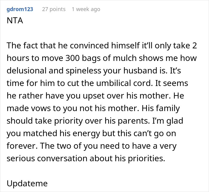 Comment criticizing a husband&rsquo;s priorities for skipping wife&rsquo;s first Mother&rsquo;s Day to spend time with his mom.