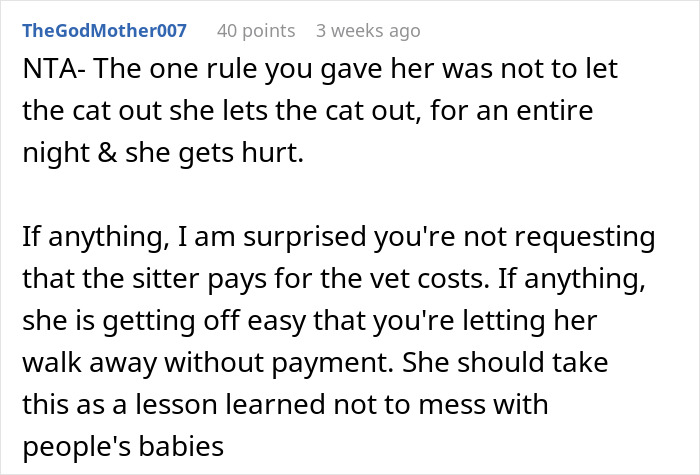Comment discussing the refusal to pay a cat-sitter after the sitter let the cat out and caused harm.