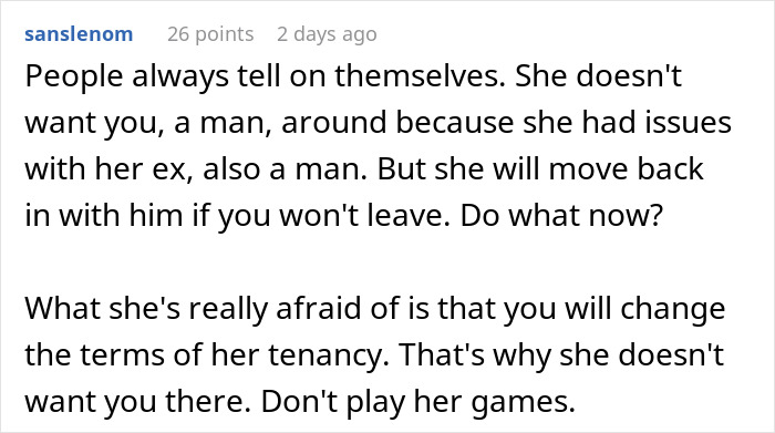 Screenshot of a Reddit comment discussing tenant fears and issues after a man inherits a house with a current tenant.