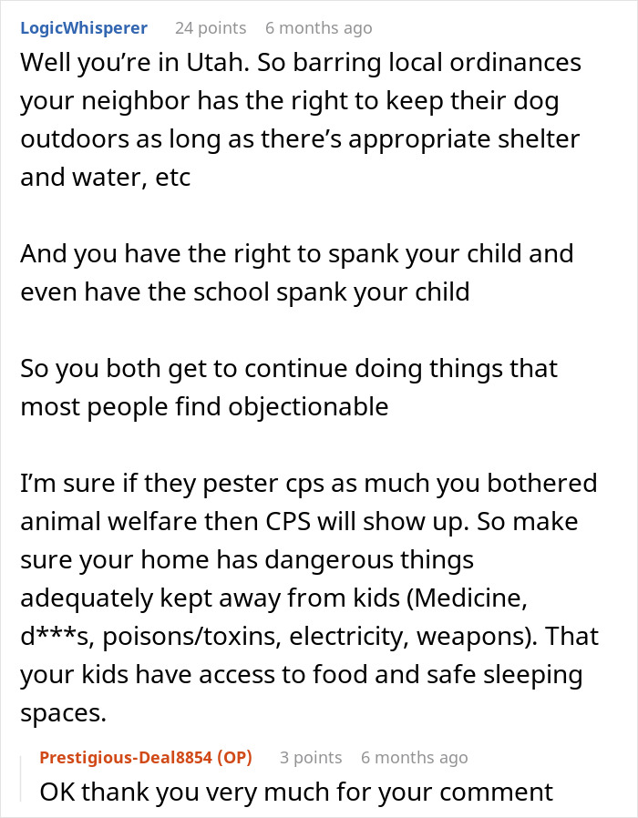 Online discussion about animal control called on a neglected dog by a neighbor and retaliation involving CPS concerns.