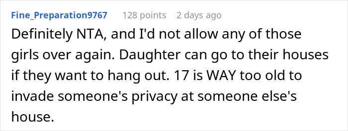 Screenshot of a forum comment discussing enforcing basic boundaries on a daughter's sleepover privacy issues. Screenshot of a forum comment discussing enforcing basic boundaries on a daughter's sleepover privacy issues.