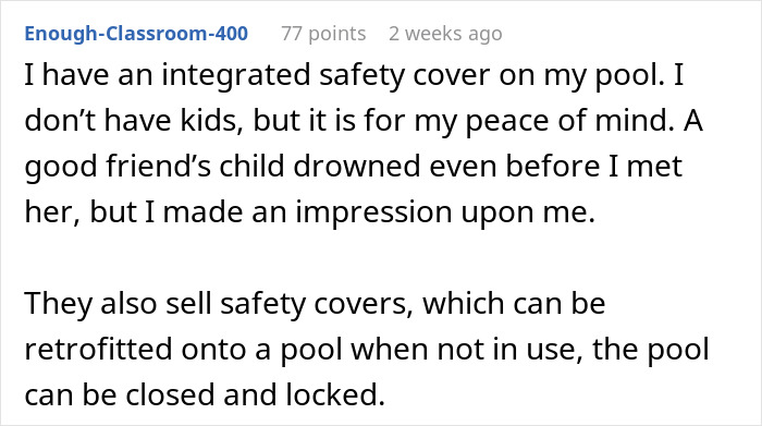 Comment about integrated safety cover on pool for kids' safety and peace of mind after a drowning incident.