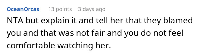 Screenshot of a forum comment discussing discomfort in watching sister after family claims she broke her leg.