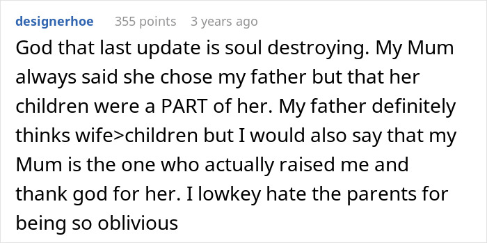 Screenshot of an online comment discussing parents&rsquo; neglect and the emotional impact on their son over the years.