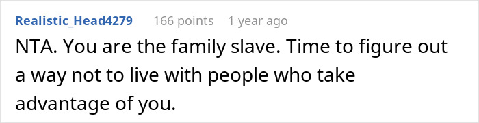 Comment text on a white background about a woman throwing a fit when sibling refuses to babysit her child all summer for free.