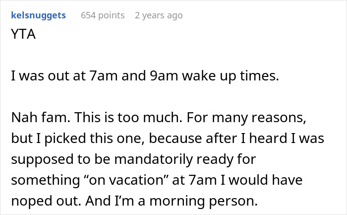 Text post from user kelsnuggets expressing frustration about strict wake-up rules during a bride&rsquo;s dream bachelorette event.