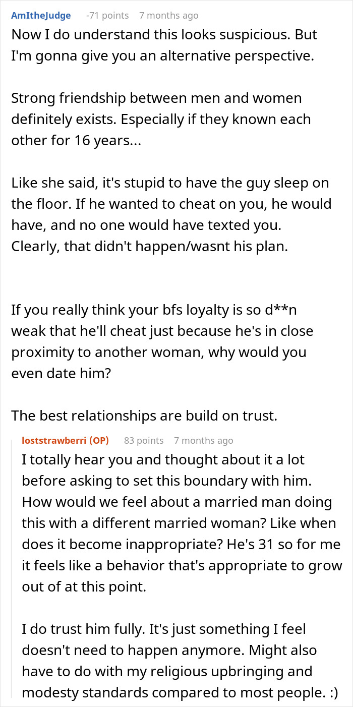 Reddit discussion about a woman upset friend&rsquo;s girlfriend won&rsquo;t let them sleep in same bed, focusing on trust and boundaries.