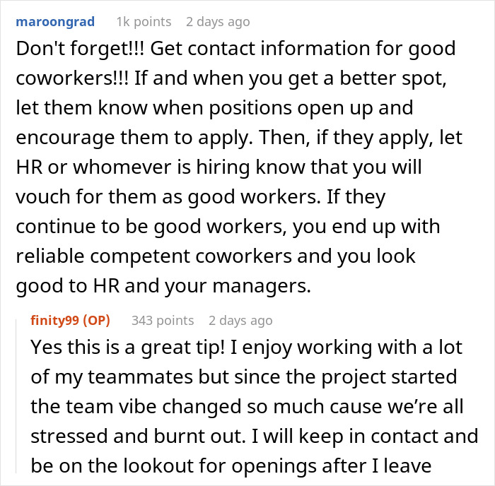 Screenshot of a Reddit discussion about work overtime, coworker relationships, and employee burnout advice.