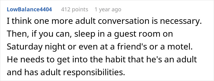 Reddit user suggests husband needs responsibility talk as wife sacrifices sleep during one-sided Sunday deal.