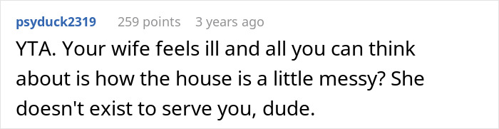 Comment about husband losing patience over messy home, blaming ill wife for not cleaning up, from an online discussion forum.