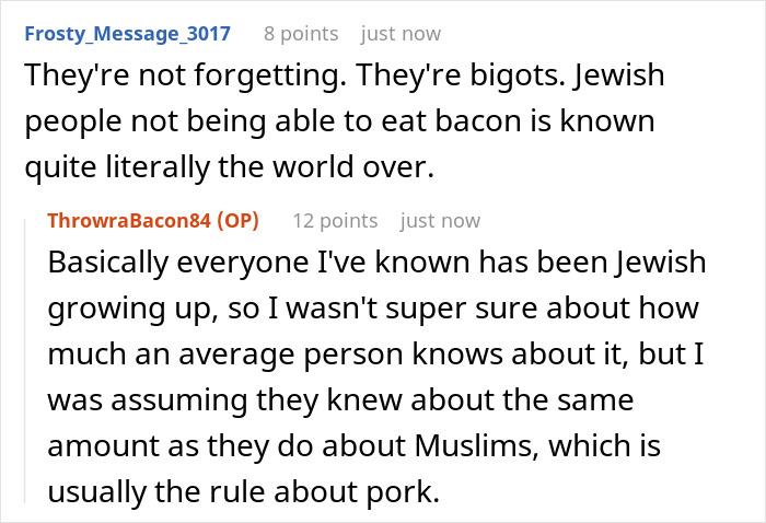 Online discussion about a Jewish person&rsquo;s experience with a boyfriend&rsquo;s family putting bacon in everything.