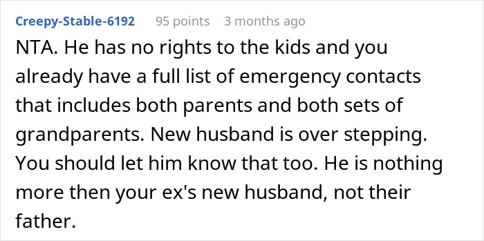 Comment discussing dad active in kids&rsquo; life and concerns about ex&rsquo;s new husband overstepping boundaries.