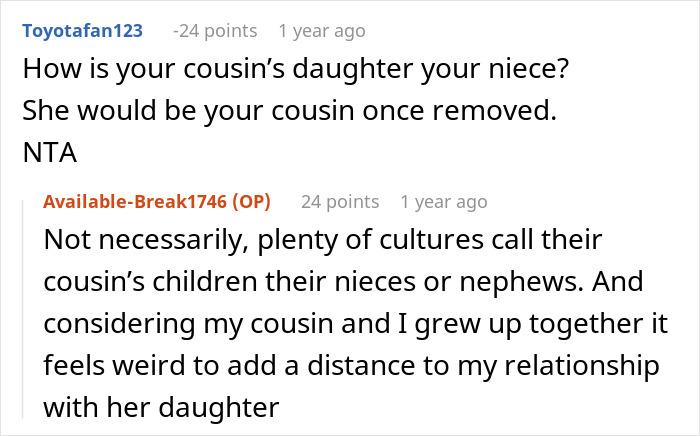 Screenshot of a Reddit discussion debating the definition of niece in a conversation about rebooking a flight to avoid babysitting. Screenshot of a Reddit discussion debating the definition of niece in a conversation about rebooking a flight to avoid babysitting.