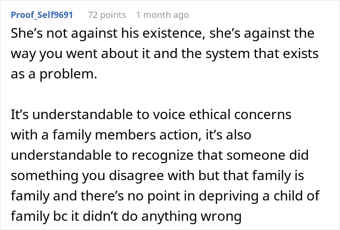Reddit comment discussing ethical concerns and family issues related to surrogacy and baby plans causing conflict.