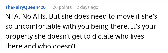 Screenshot of an online comment discussing a man inheriting a house and tenant feeling terrified to live there.