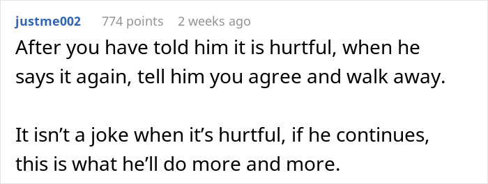 Commenter advising to address hurtful cold feet jokes by agreeing once and walking away to prevent repeated behavior.
