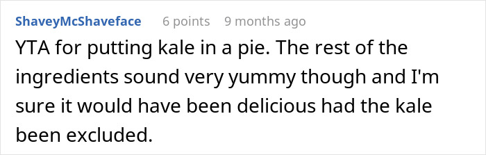Screenshot of a comment discussing a family gathering where the host puts a spin on classic chicken pot pie.