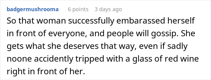 Comment discussing a woman embarrassing herself at a wedding, related to groom&rsquo;s mom in a wedding dress controversy.