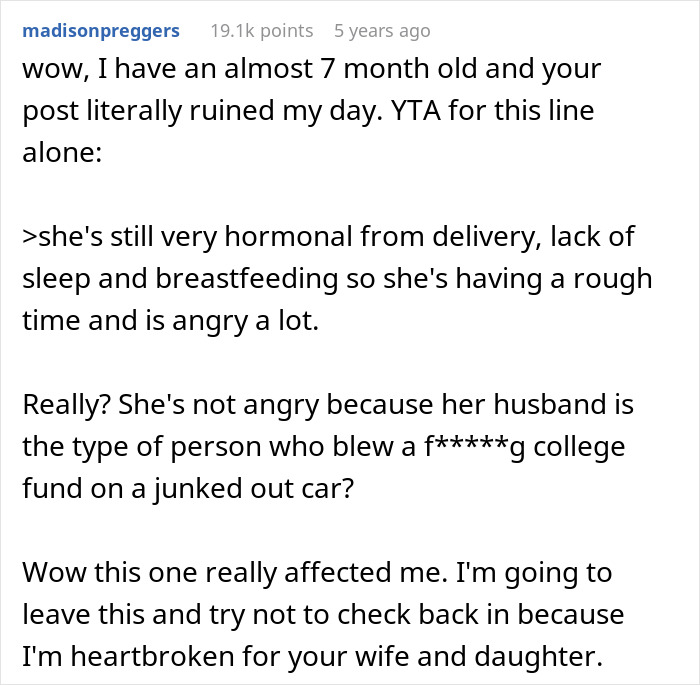 Comment discussing anger over husband buying 1972 Ford Bronco by deceiving postpartum wife for nostalgia.