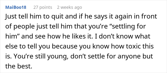 Screenshot of a forum comment advising a bride on dealing with a groom-to-be making cold feet jokes before marriage.