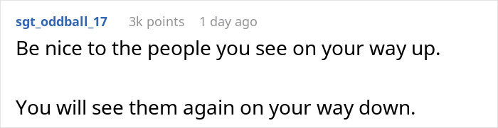 Screenshot of a Reddit comment highlighting a quote about kindness on the way up and seeing people again on the way down.