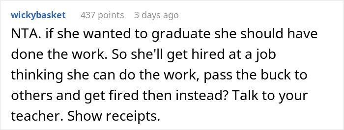 Text comment criticizing a woman at risk of not graduating due to failing to contribute to a shared thesis project.