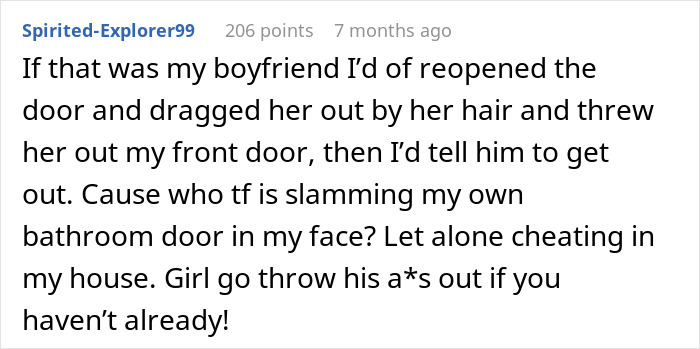 Comment expressing anger over fiancé and cousin caught in bathroom during party, doubting their claims of innocence. Comment expressing anger over fiancé and cousin caught in bathroom during party, doubting their claims of innocence.