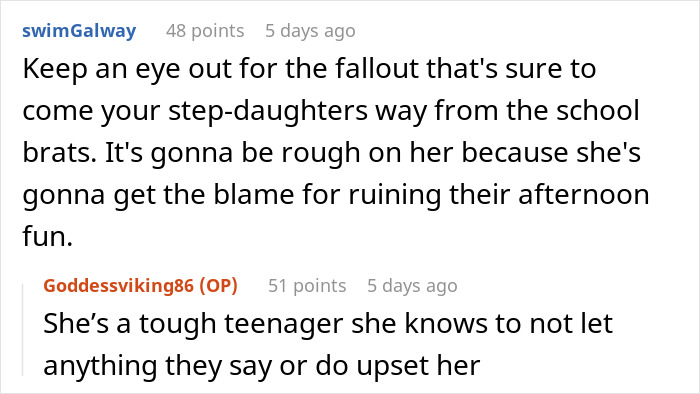 Comments discussing challenges faced by a friend&rsquo;s stepdaughter at a pool party with school brats blaming her for trouble.