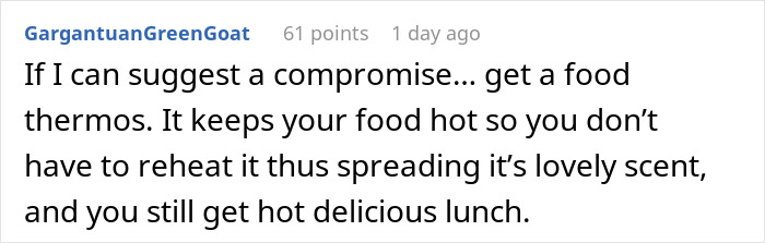 Reddit comment suggesting using a food thermos to keep lunch hot and prevent spreading strong food smells at work.