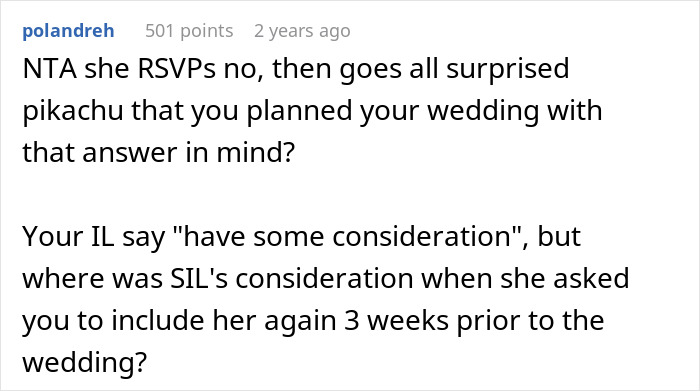 Reddit comment discussing bride refusing to change wedding menu for vegan sister-in-law causing drama. Reddit comment discussing bride refusing to change wedding menu for vegan sister-in-law causing drama.