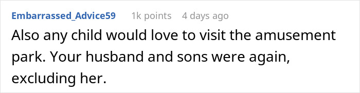 Comment discussing a man leaving out daughter from boys trip, wife planning a special day out to make up for it.