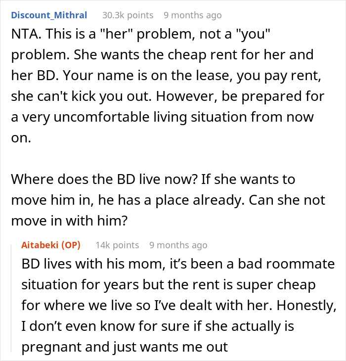 Reddit conversation discussing a woman standing her ground after roommate demands she move out for nursery space. Reddit conversation discussing a woman standing her ground after roommate demands she move out for nursery space.