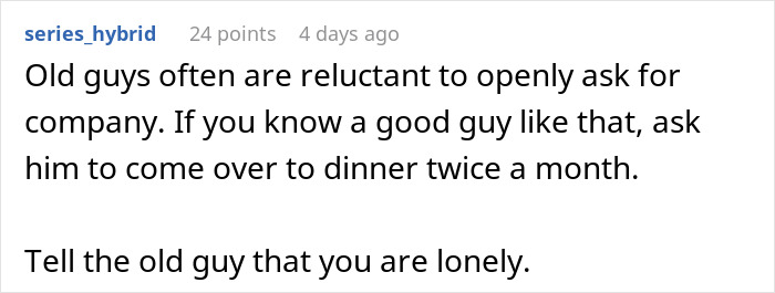 Screenshot of a Reddit comment about old men often being reluctant to ask for company or help.