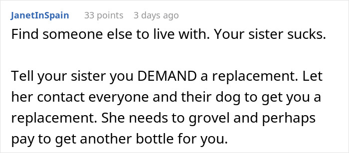 Comment advising woman to demand her sister replaces irreplaceable champagne after sister&rsquo;s friends drank it.