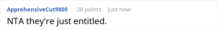 Screenshot of a comment reading NTA they're just entitled, related to a man calling cops after family used his pool without permission.