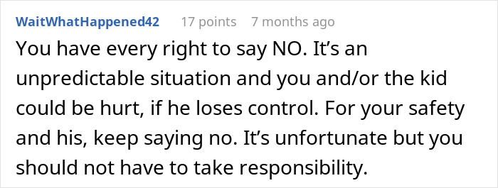 Comment discussing a babysitter refusing to watch a specific child and the mother accusing her of discrimination.