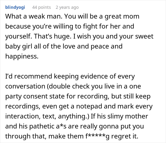 ALT text: Screenshot of a supportive online comment advising pregnant DIL to document interactions amid MIL's gender manipulation claims and divorce.
