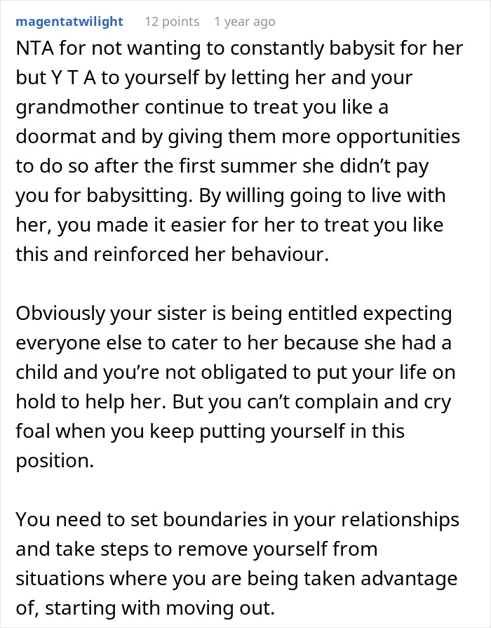 Comment discussing sibling refusing to babysit child all summer and setting boundaries to avoid being taken advantage of.