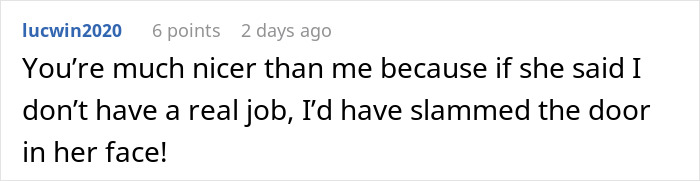 Comment from user lucwin2020 discussing freelancer shutting down an entitled church member demanding free work working from home.